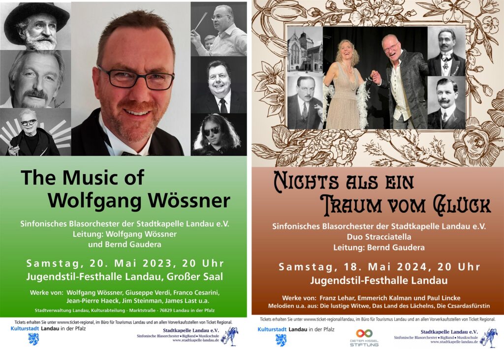 Die Plakate der Jahreskonzerte 2023 („The Music of Wolfgang Wössner“) und 2024 („Nichts als ein Traum vom Glück“) nebeneinander.